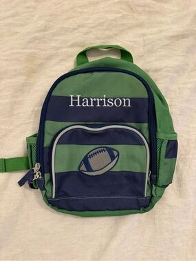 Pottery Barn Kids Green and Navy Striped Backpack with Football Accent